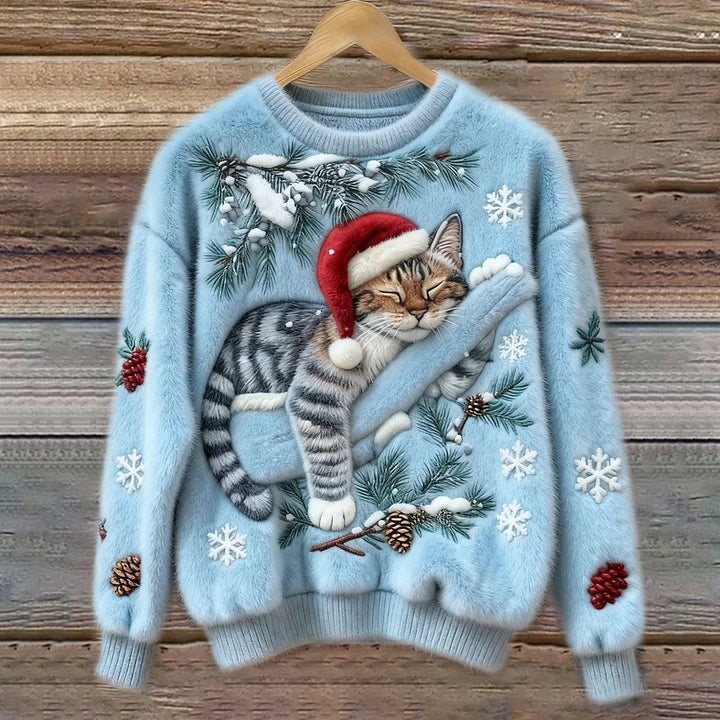 Elena – Plush Sweater with Festive Cat Design