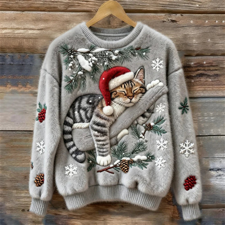 Elena – Plush Sweater with Festive Cat Design