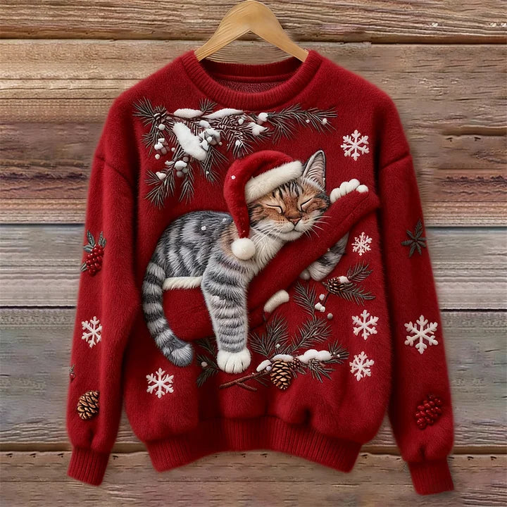 Elena – Plush Sweater with Festive Cat Design