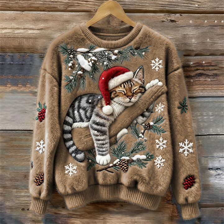Elena – Plush Sweater with Festive Cat Design