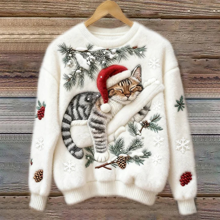 Elena – Plush Sweater with Festive Cat Design