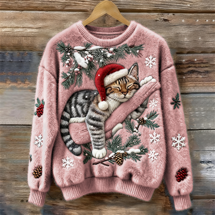 Elena – Plush Sweater with Festive Cat Design