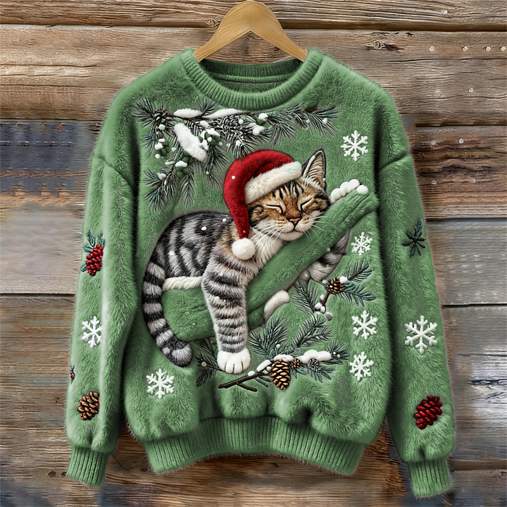 Elena – Plush Sweater with Festive Cat Design